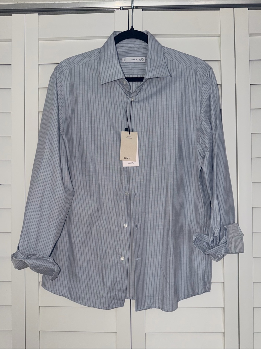 Mango Light Blue Pinstriped Long-Sleeve Dress Shirt